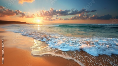 Picturesque beach scene captured at sunrise featuring golden light, gentle waves, and a peaceful sky with scattered clouds.