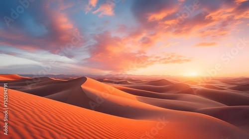 Panorama of sand dunes in the Sahara desert at sunset.