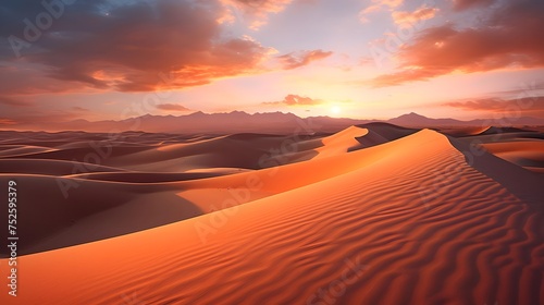 Desert sand dunes panorama at sunset  natural landscape background