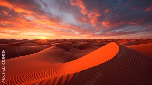 Panorama of sand dunes at sunset in Sahara desert  Morocco