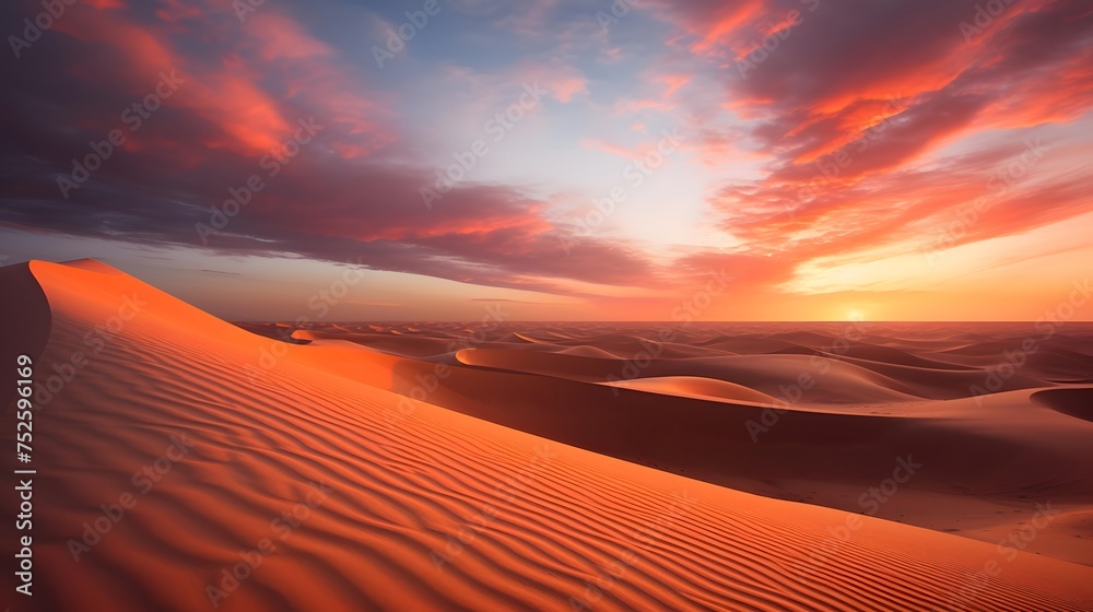 Beautiful panorama of sand dunes in the desert at sunset