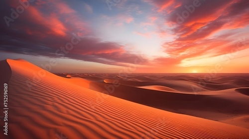 Beautiful panorama of sand dunes in the desert at sunset