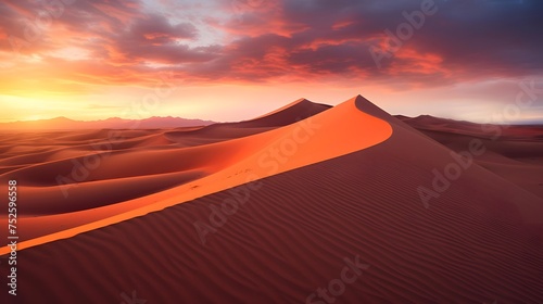 Sunset over the sand dunes in the Sahara desert, Morocco