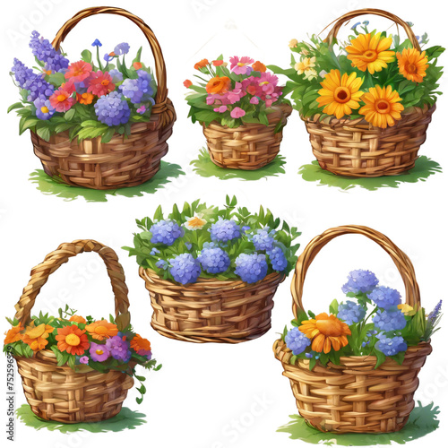 Cartoon Flowers in a Basket PNG Clipart Bundle