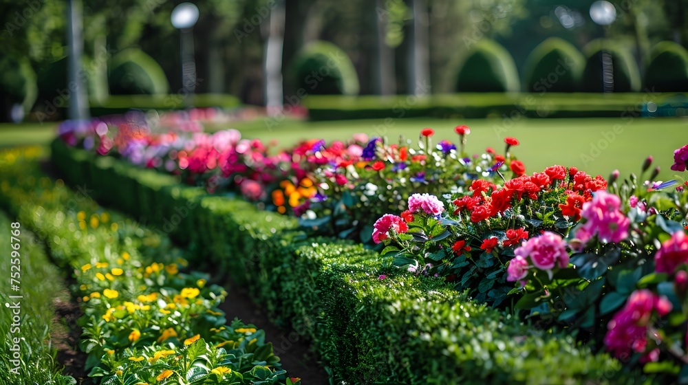 Floral landscaping design in city park. Blossoming colorful flowers, green hedge and lawn in summer. Modern mixed flower bed in sunny day. Beautiful natural landscape gardening concept