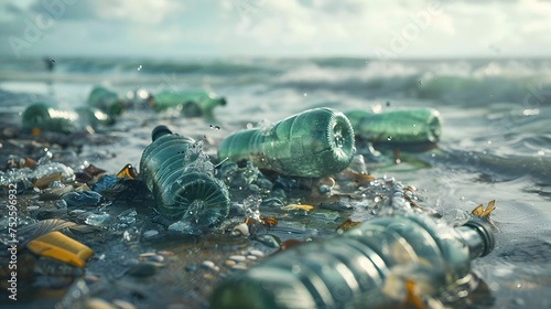 Garbage washed ashore of sea, ocean. Empty used dirty plastic bottles in water. Environmental pollution. Ecological problem. Ai generative photo
