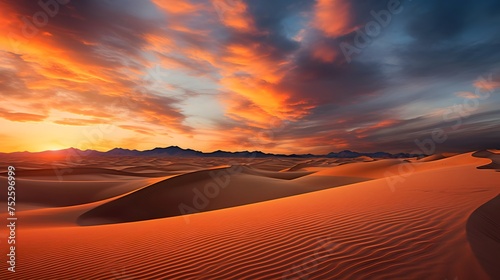 Panoramic view of sand dunes in the desert at sunset © A