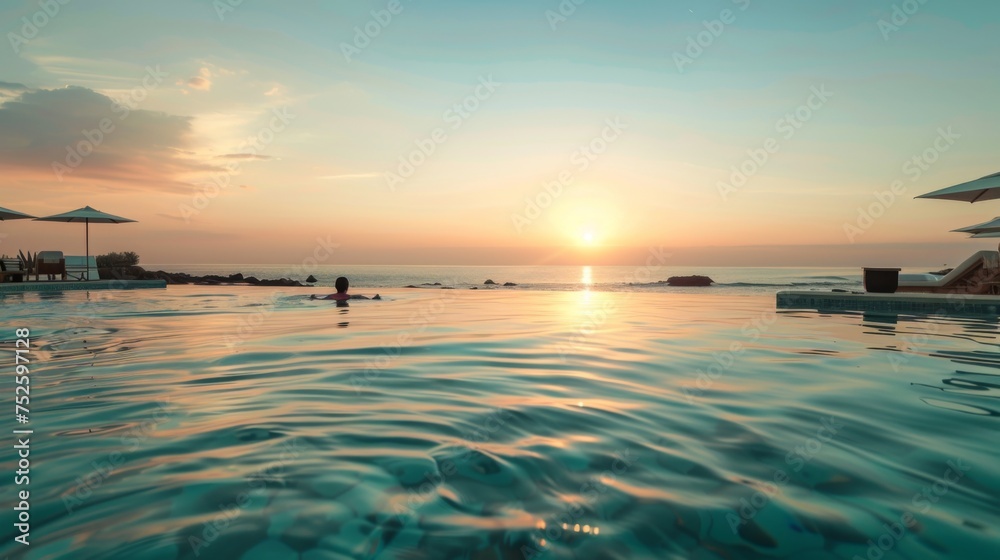 A peaceful morning scene at a luxurious resort pool overlooking the ocean, with a beautiful sunrise and a person enjoying the tranquil waters. A peaceful morning scene at a luxurious resort pool overlooking the ocean, with a beautiful sunrise and a person enjoying the tranquil waters.