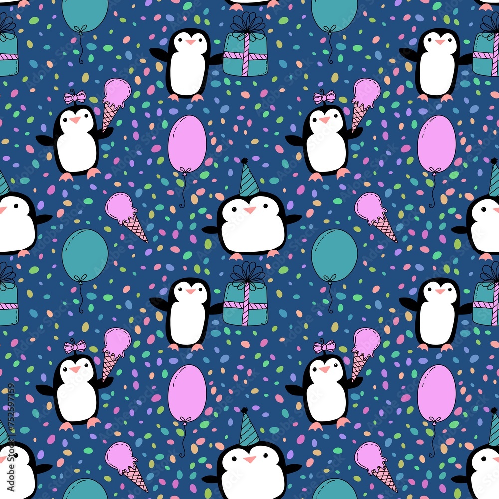 Birthday party animals seamless penguin pattern for wrapping paper and fabrics and kids print and summer print