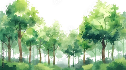 Watercolor stylized illustration of green forest and trees, white background, wallpaper style
