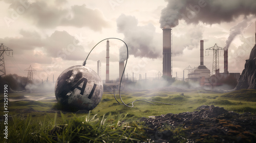 An allegorical scene depicting an AI bomb with a fuse plug set in a devastated countryside, symbolizing the environmental cost of powering artificial intelligence.