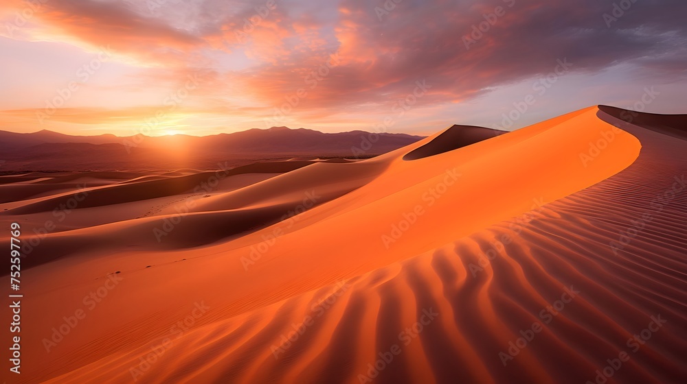 Sand dunes in the desert at sunset. Panoramic view.
