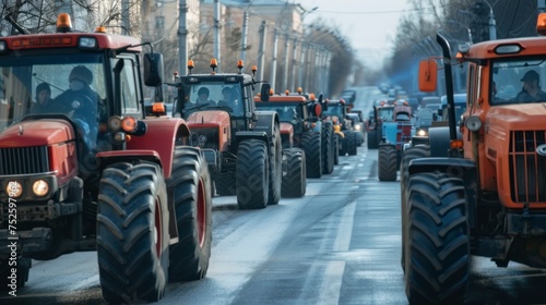 group of tractors running on public roads in the city with rain or snow © Marco