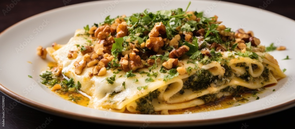 A white plate is presented with a hearty portion of lasagna, featuring layers of pasta, melted cheese, savory tomato sauce, and various toppings. The dish is visually appealing and promises a