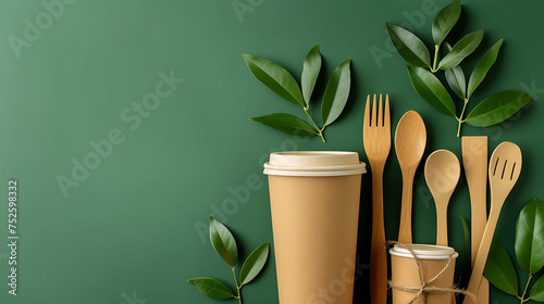 Paper utensils on green background. Paper cups and containers, wooden cutlery. Street food paper packaging, recyclable paperware concept. photo