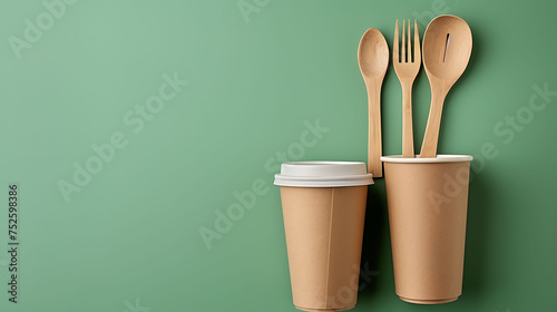 Paper utensils on green background. Paper cups and containers, wooden cutlery. Street food paper packaging, recyclable paperware concept.