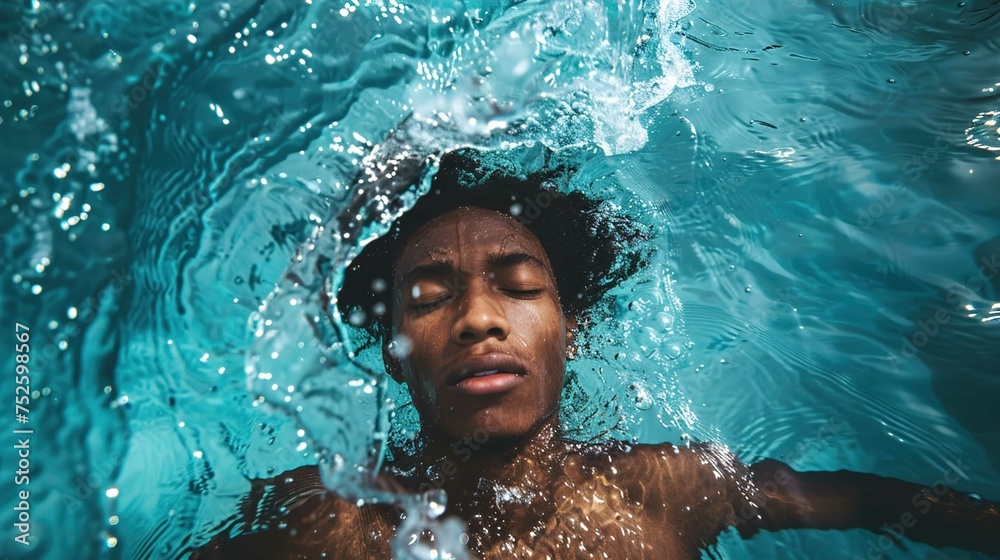 A person is partially submerged in clear blue water, viewed in close-up. The individual is lying on their back, and water splashes around their head, creating ripples and bubbles that encapsulate the A person is partially submerged in clear blue water, viewed in close-up. The individual is lying on their back, and water splashes around their head, creating ripples and bubbles that encapsulate the