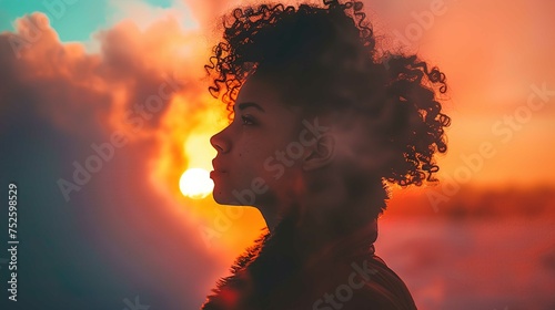 The image features a silhouette profile of a person with curly hair against a vibrant sunset background. The sunset creates an orange and yellow glow that permeates the scene, highlighting the curls a