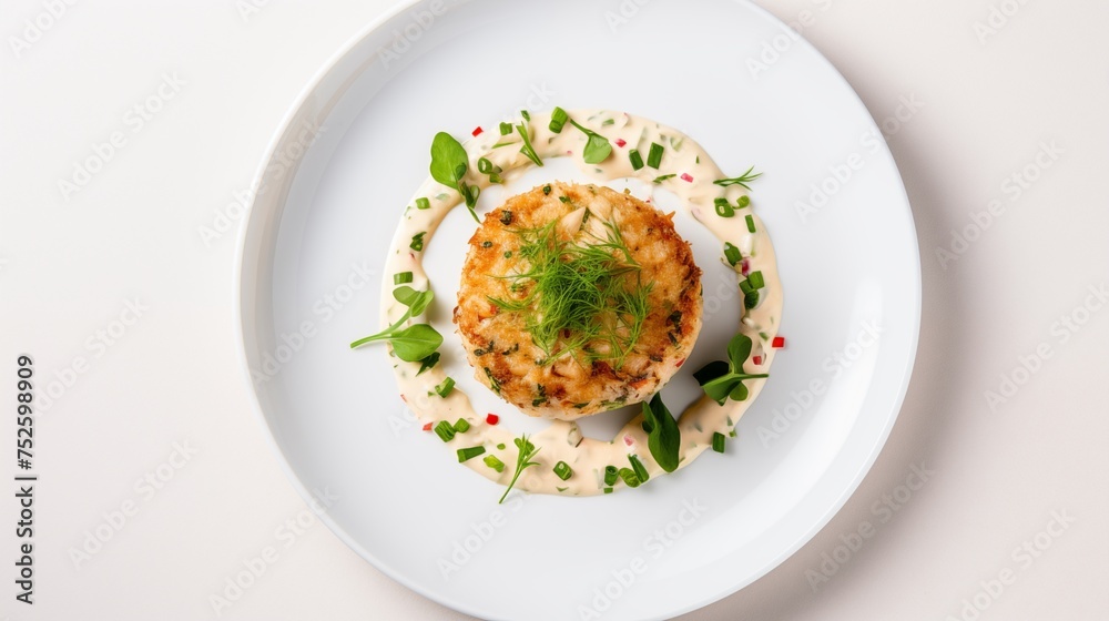 White round plate showcasing a crab cake accompanied by remoulade sauce, against a white backdrop, viewed from above White round plate showcasing a crab cake accompanied by remoulade sauce, against a white backdrop, viewed from above