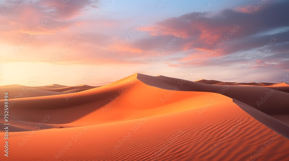 Desert panoramic landscape with sand dunes at sunset.