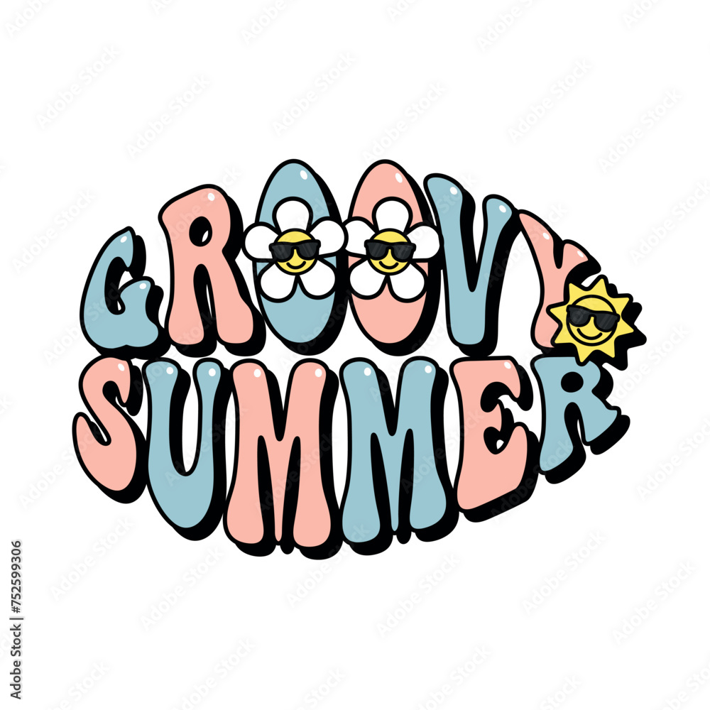 Fototapeta premium groovy summer text with daisy flower and sun sticker, groovy aesthetic poster design, hippie lettering, retro style vector illustration