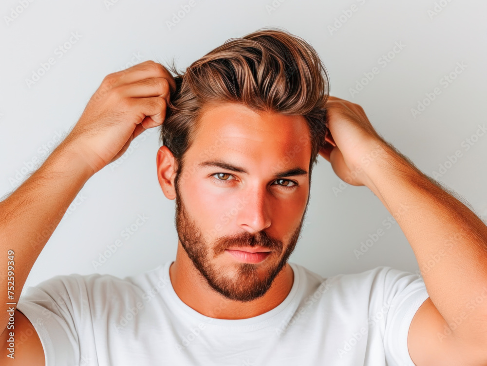 Close-up portrait of a sexy European young man with stubble doing his hair in a T-shirt on a light background. Beauty, hair care concept Close-up portrait of a sexy European young man with stubble doing his hair in a T-shirt on a light background. Beauty, hair care concept