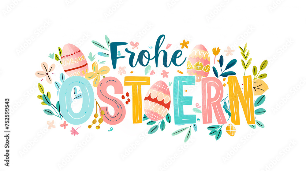 Happy Easter German text lettering for Easter greeting card with Easter eggs and flowers. Frohe Ostern calligraphic font on white background