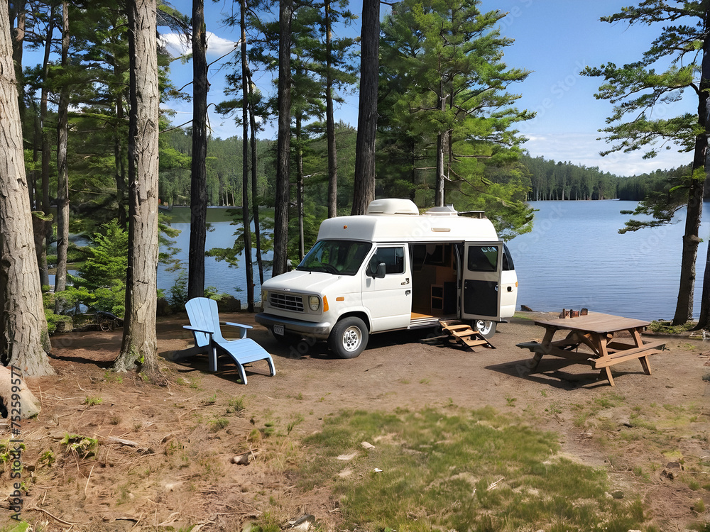 Lakeside Escape: Tranquil Retreat with Camper Van. generative AI