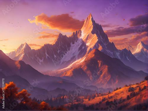 Serene Mountain Sunset: Majestic Peaks in Golden Glow. generative AI