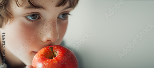 A child eats a fresh delicious red apple.