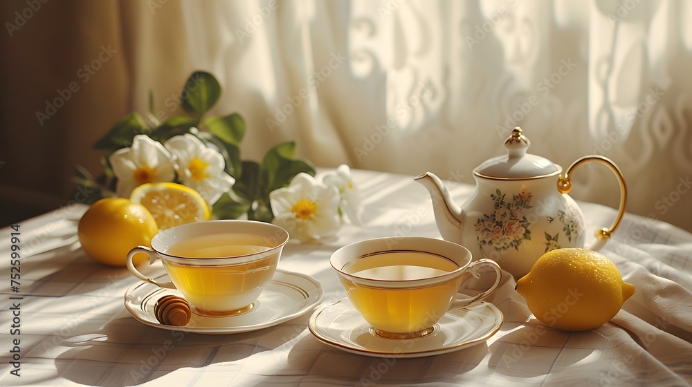 A serene tea ceremony setup with delicate china cups and saucers, accompanied by a honey pot and fresh lemon slices, inviting relaxation and indulgence in a warm cup of honey-sweetened tea