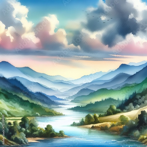 Landscape with watercolor painting style featuring a beautiful view of a river and mountains – Artistic nature landscape poster