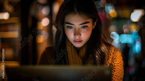 Portrait of a sad woman doomscrolling on her laptop in a cafe or restaurant or a bar at night wearing a yellow sweater
