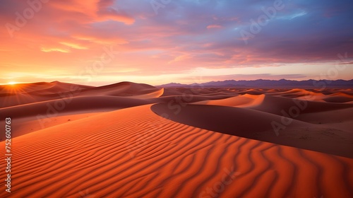 Desert sand dunes panorama at sunset  Merzouga  Morocco