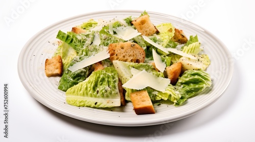 CAESAR SALAD ,ANCHOVY & PARMESAN ,on a white round plate, on a white background, top view 