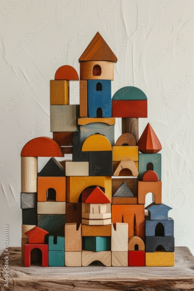 A wooden building block set with colorful houses. Generative AI. A wooden building block set with colorful houses. Generative AI.