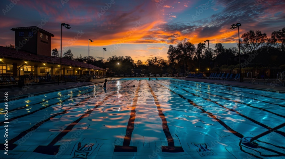 An outdoor swimming pool with underwater lights, captured at twilight with a stunning and colorful sunset sky, reflecting on calm waters.
