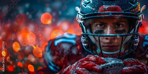 Close - up of american football player in helmet holding a ball on dark fire background. Sport banner with sportsman on stadium in action, in a super bowl game, copy space. photo