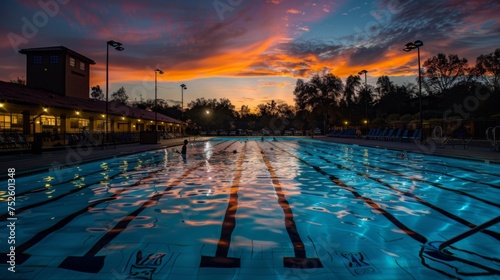 An outdoor swimming pool with underwater lights, captured at twilight with a stunning and colorful sunset sky, reflecting on calm waters. © Victoriia