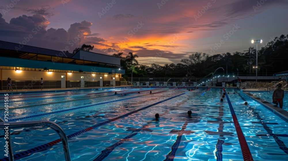 Outdoor swimming pool users during evening with twilight sky and underwater lighting reflected in water.