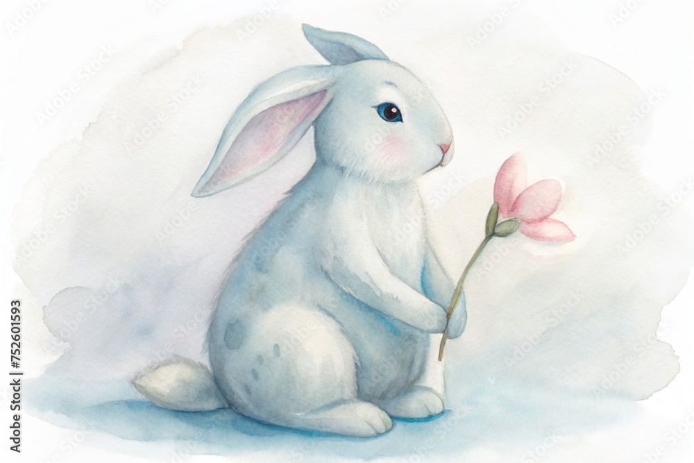 watercolor easter bunny holding a flower in light blue pastel colors - obrazy, fototapety, plakaty 