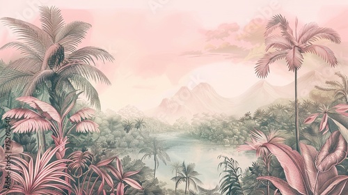 Tropical Exotic Landscape Wallpaper. Hand Drawn Design. Luxury Wall Mural 