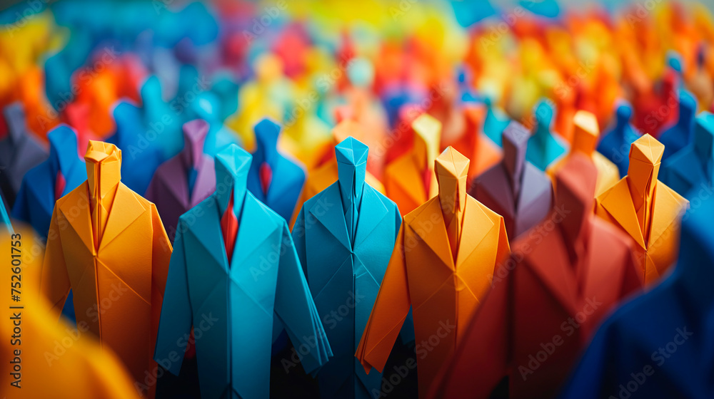 Grupo de personas  de origami en colores vivos - obrazy, fototapety, plakaty 