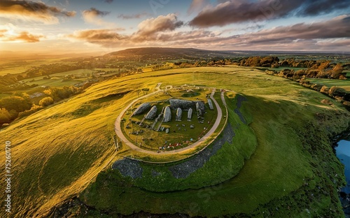 Aerial view of Knowth, the largest and most remarkable ancient monument in Ireland. Prehistoric passage tombs, part of the World Heritage Site of Bru na Boinne, valley of the River Boyne photo