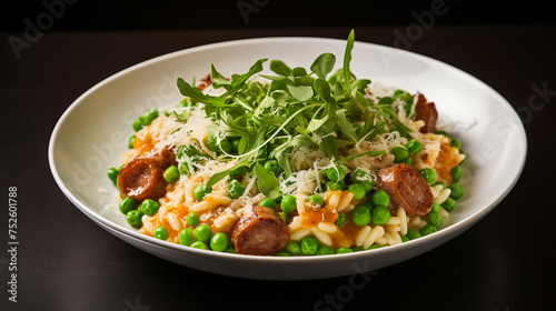 Sausage risotto with tomatoes and peas