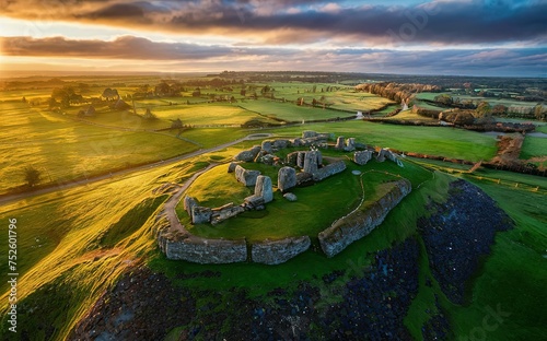 Aerial view of Knowth, the largest and most remarkable ancient monument in Ireland. Prehistoric passage tombs, part of the World Heritage Site of Bru na Boinne, valley of the River Boyne photo