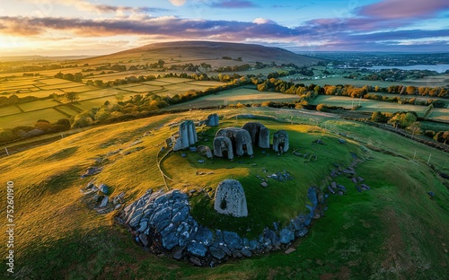 Aerial view of Knowth, the largest and most remarkable ancient monument in Ireland. Prehistoric passage tombs, part of the World Heritage Site of Bru na Boinne, valley of the River Boyne photo