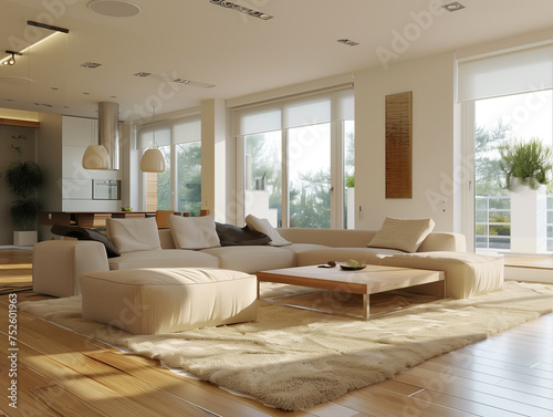 Modern living room with two large white sofas with dark cushions