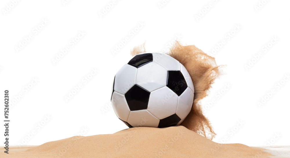 Classic sport football ball on sand pile over white background isolated. Sand splashing splatter by hitting soccer football ball attack and sand explode explosion. Classic sport football ball on sand pile over white background isolated. Sand splashing splatter by hitting soccer football ball attack and sand explode explosion.