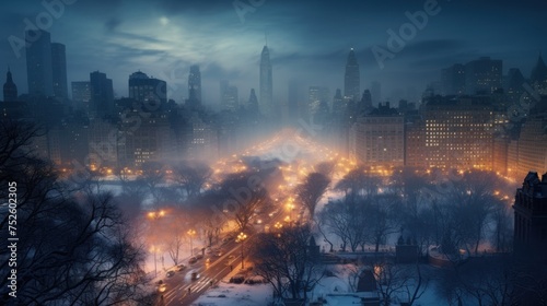 High angle view of a large city at night with snow and fog in winter.